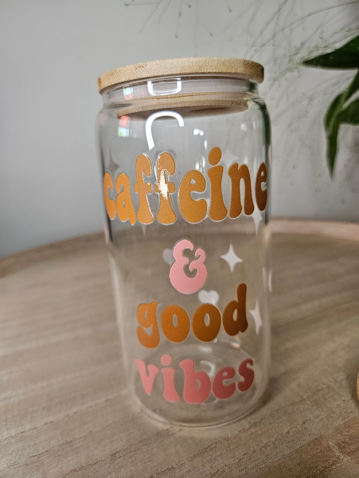 caffeine & good vibes Glas Tumblr mit Bambusdeckel