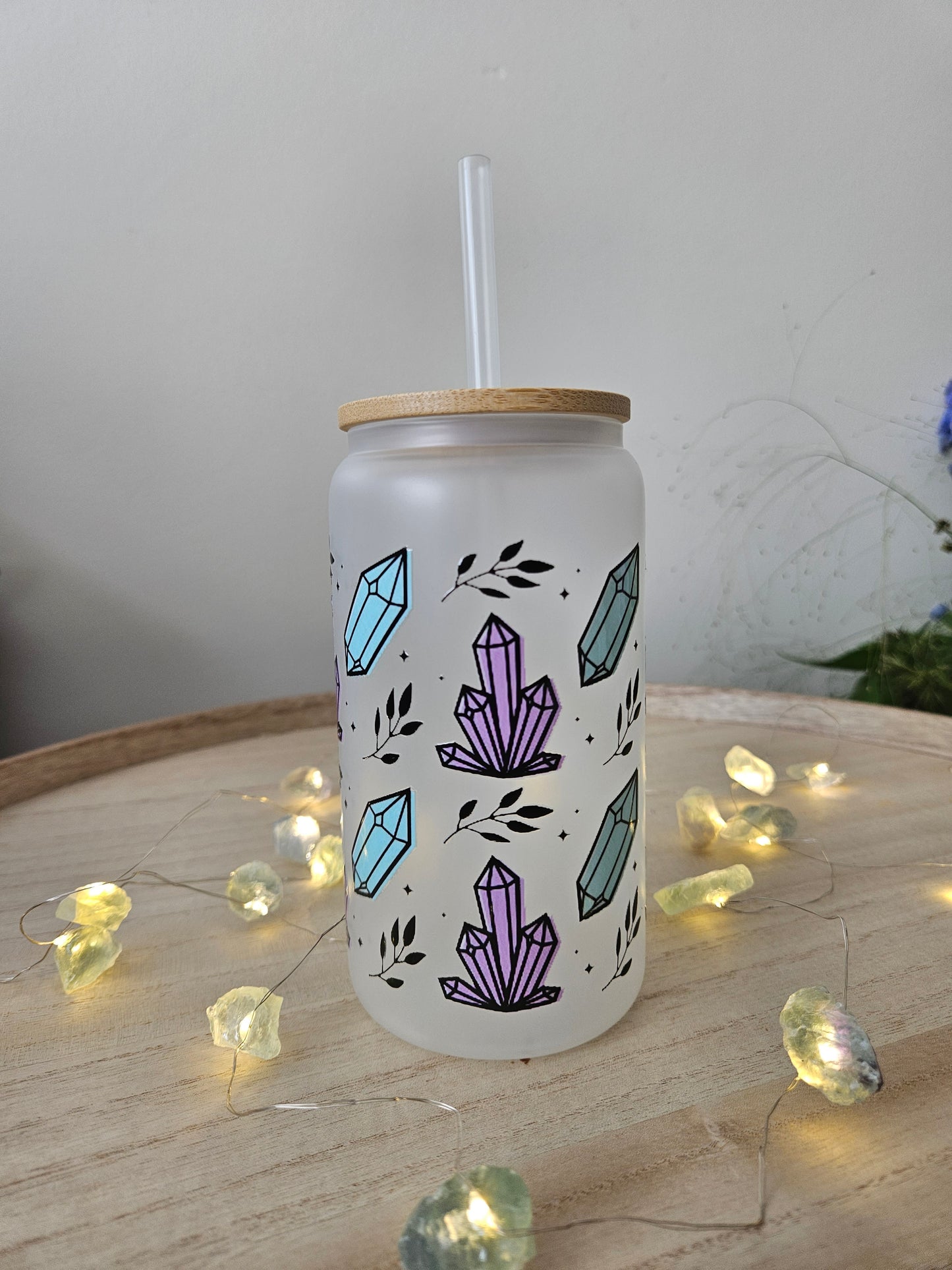 Trinkglas Tumblr 16oz Kristall Motiv mit Bambusdeckel