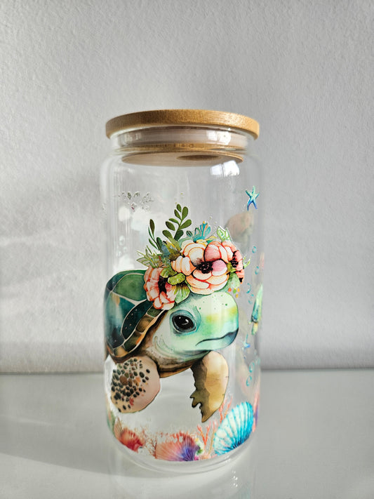 Schildkröten Trinkglas mit Bambusdeckel