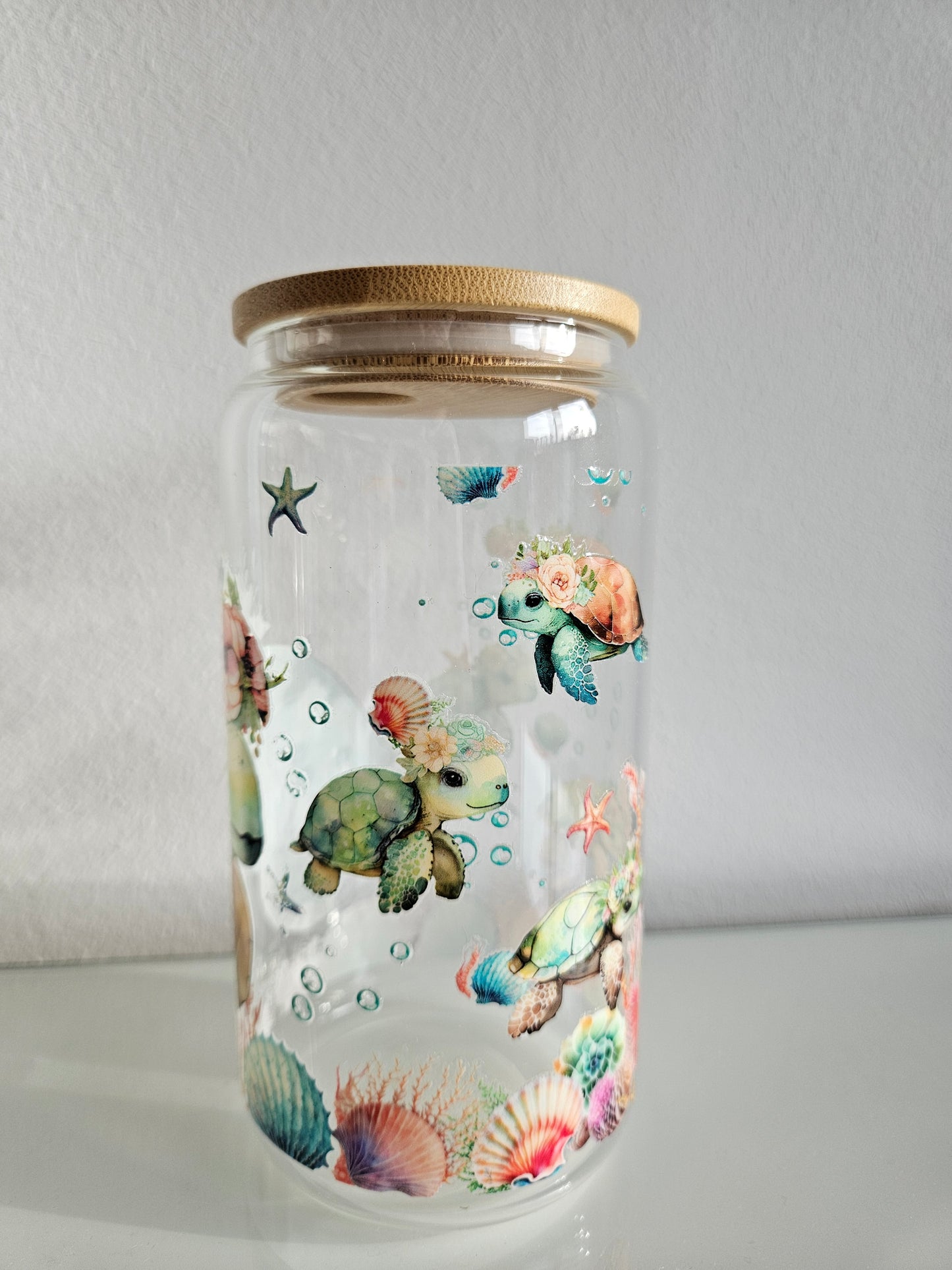 Schildkröten Trinkglas mit Bambusdeckel