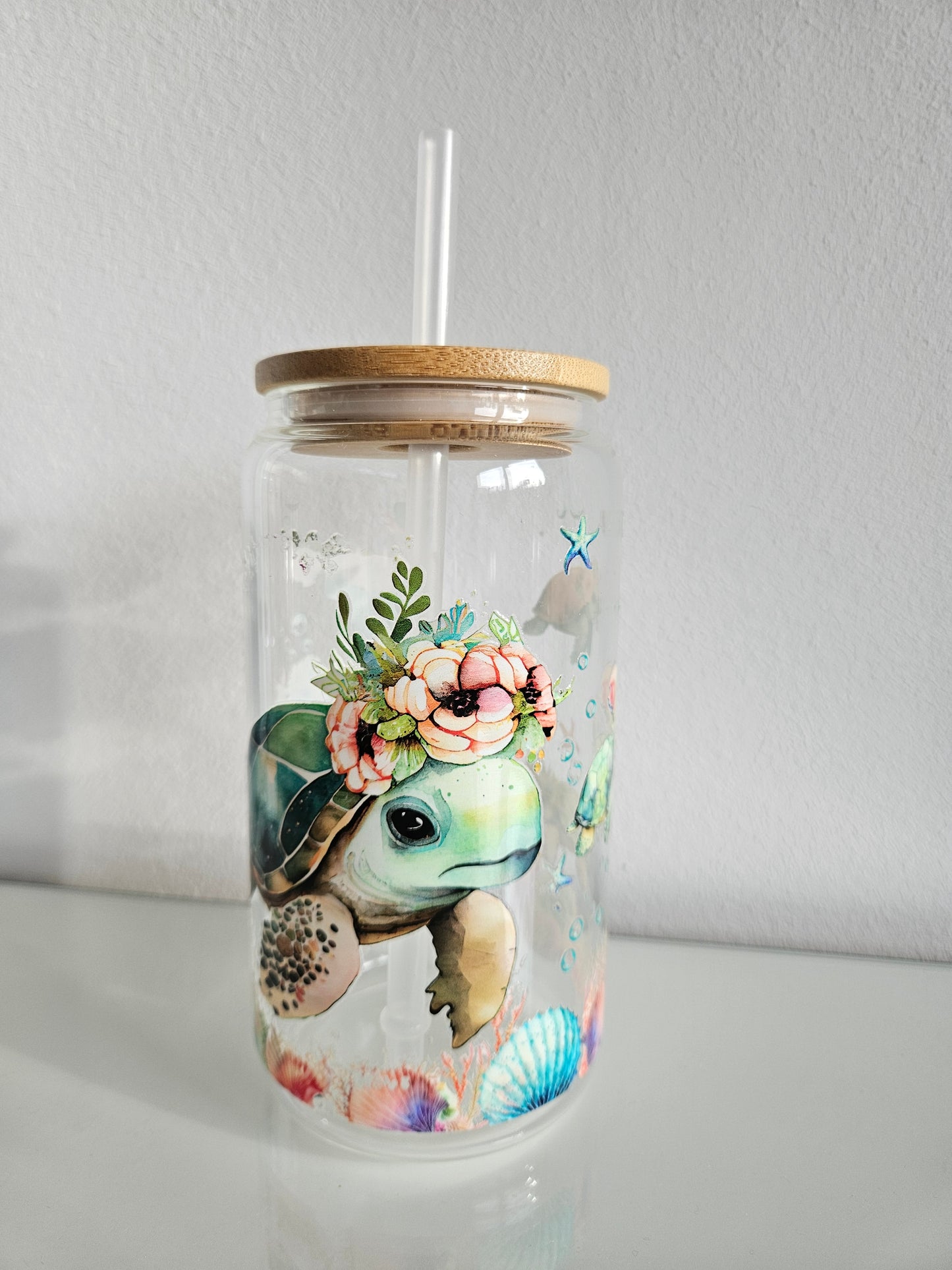 Schildkröten Trinkglas mit Bambusdeckel