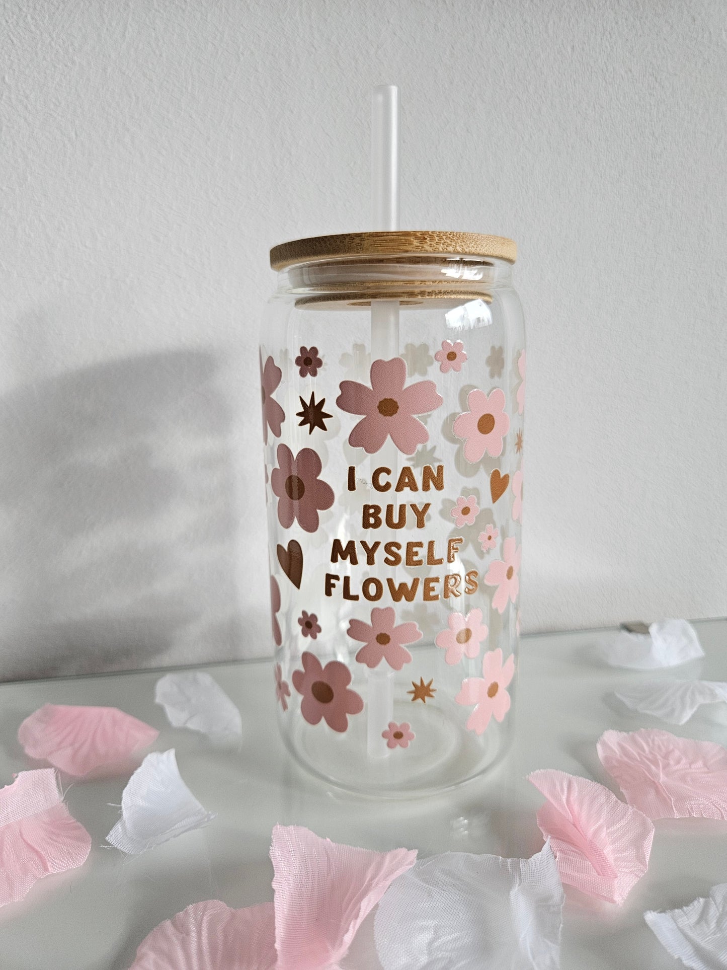 I can buy myself flowers Trinkglas mit Bambusdeckel