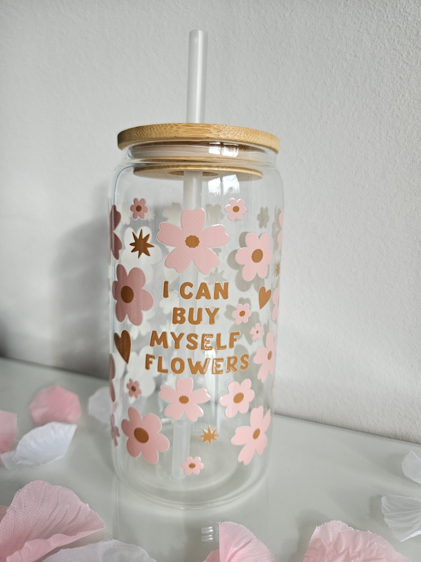 I can buy myself flowers Trinkglas mit Bambusdeckel