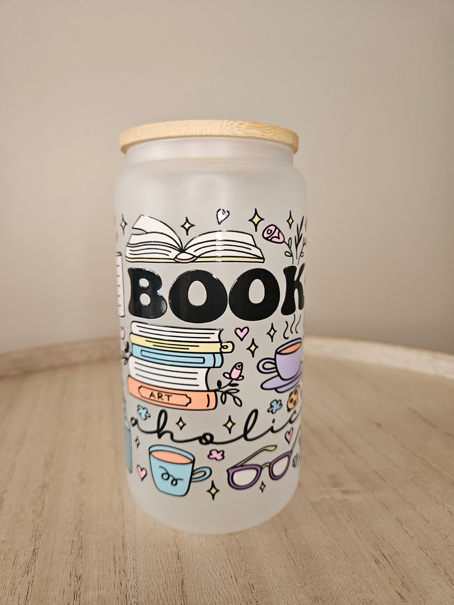 Bookaholic frosted Glas mit Bambusdeckel