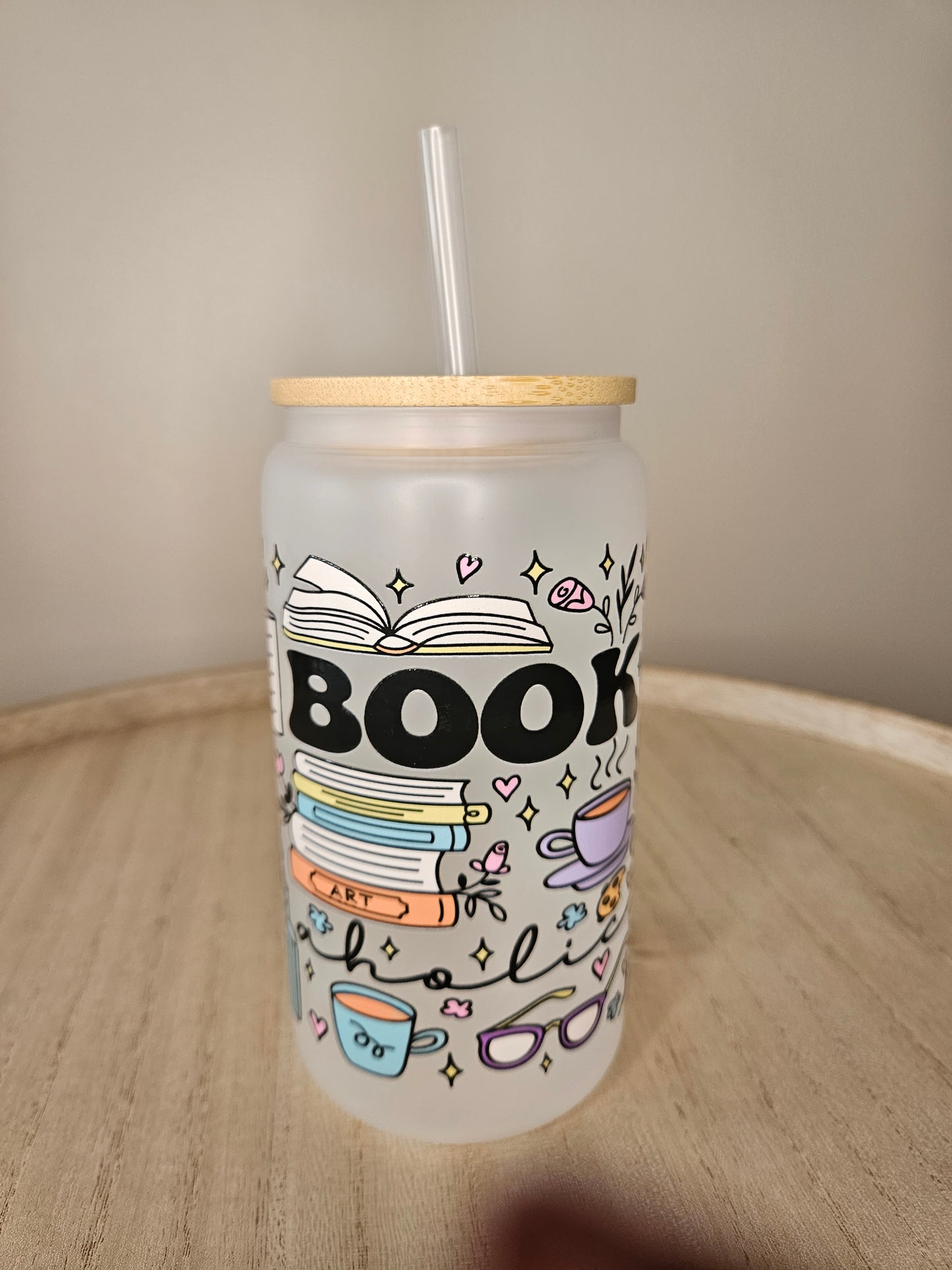 Bookaholic frosted Glas mit Bambusdeckel